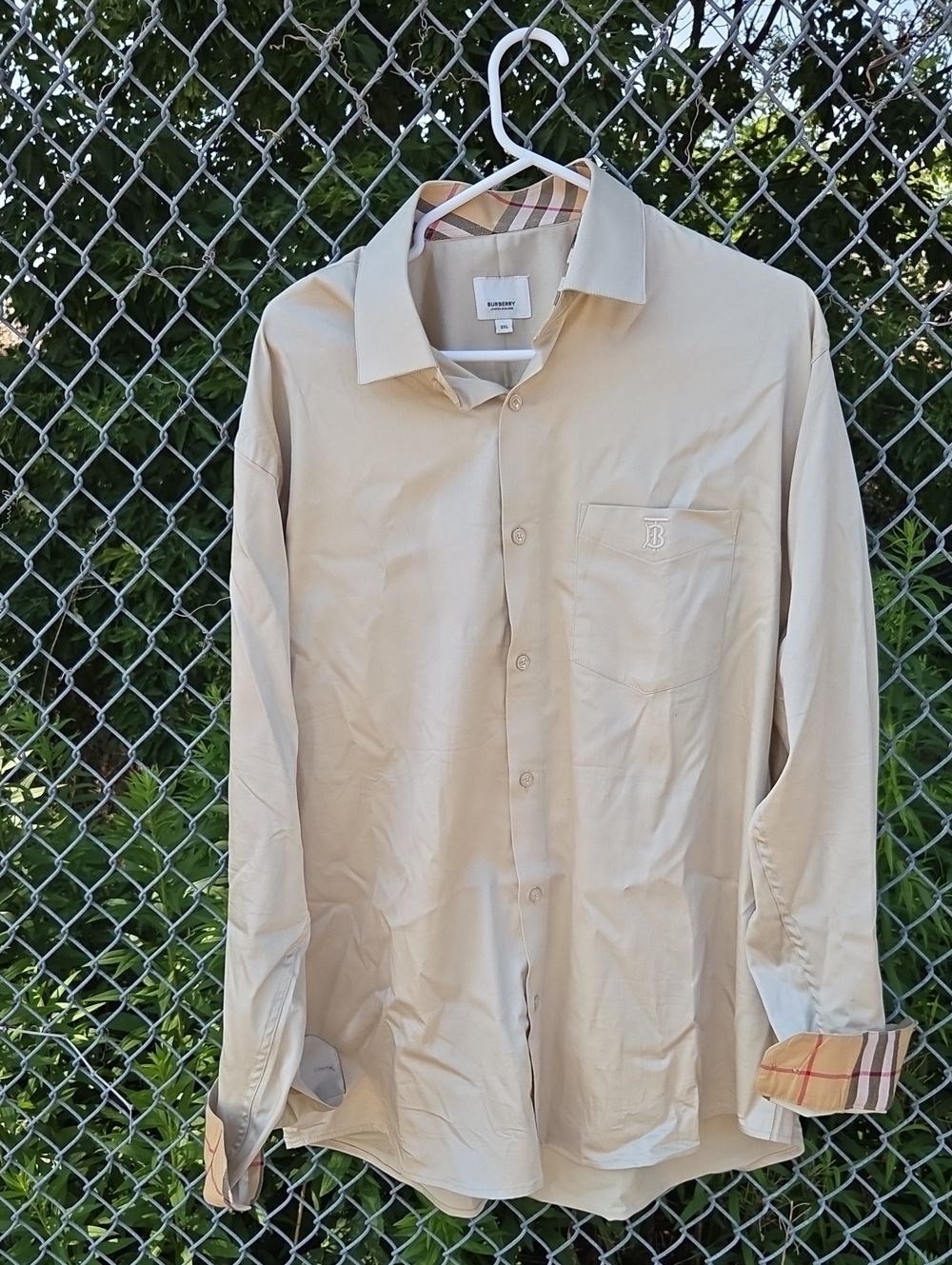 Burberry Beige Long-Sleeve Button-Down Shirt with Check Cuff Detail